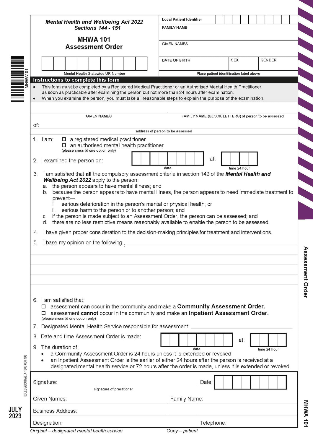 Rolls MHWA101 Assessment Order 3 part sets