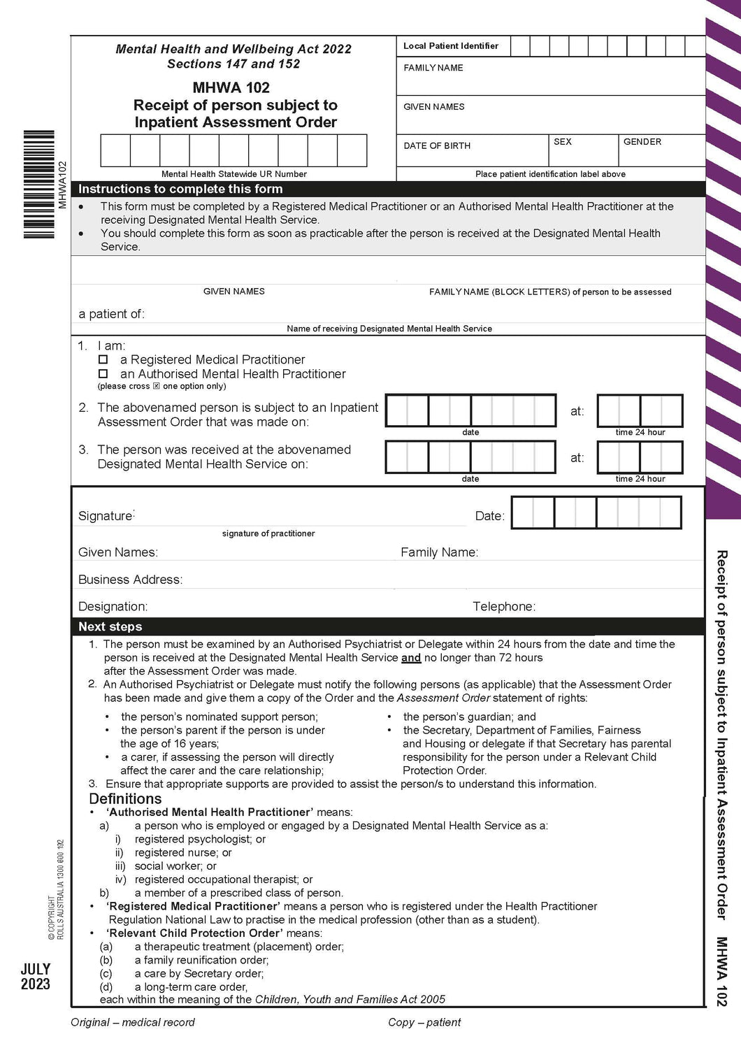 Rolls MHWA102 Receipt of person subject to Inpatient Assessment Order 2 part sets