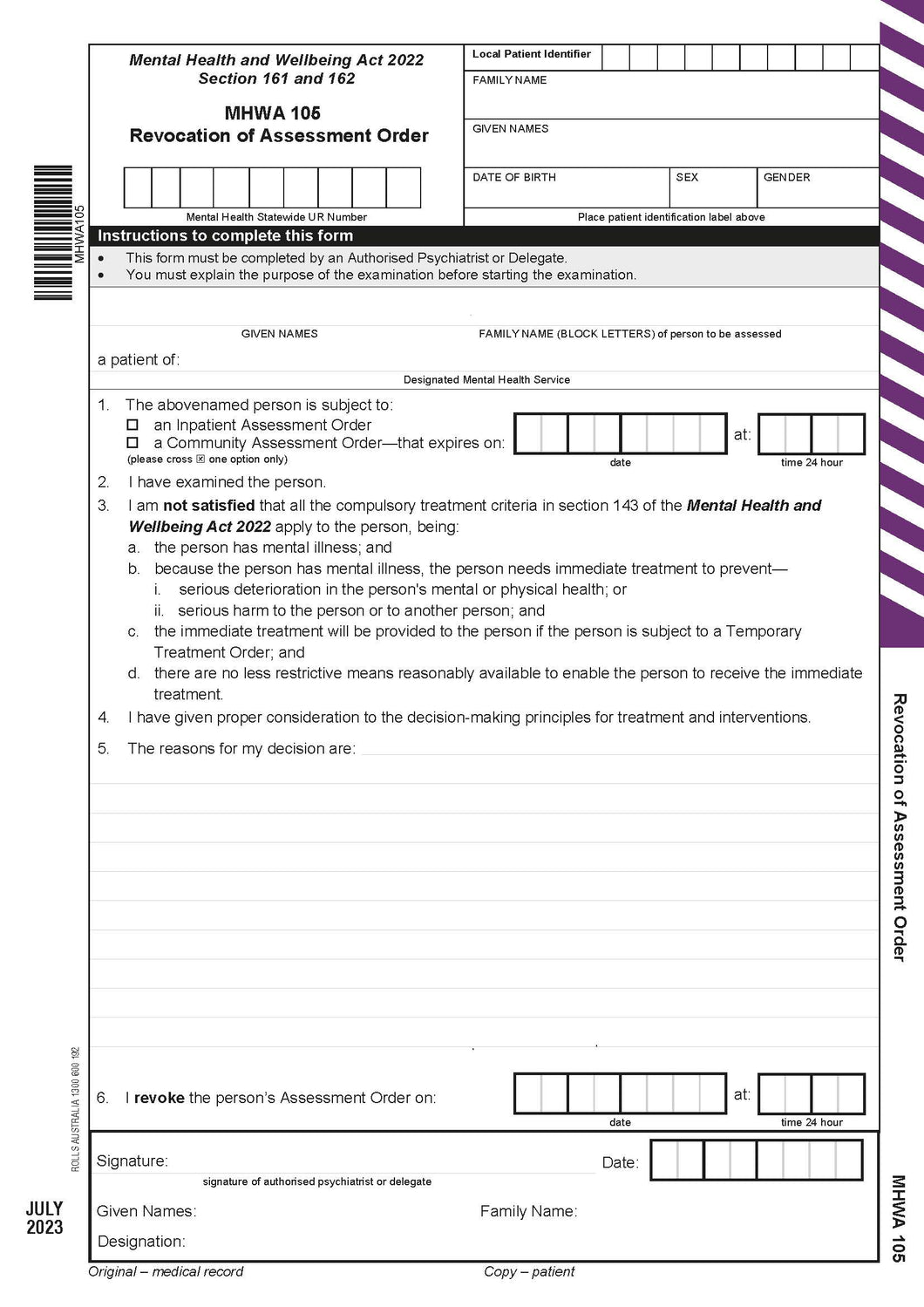 Rolls MHWA105 Revocation of Assessment Order 2 part sets