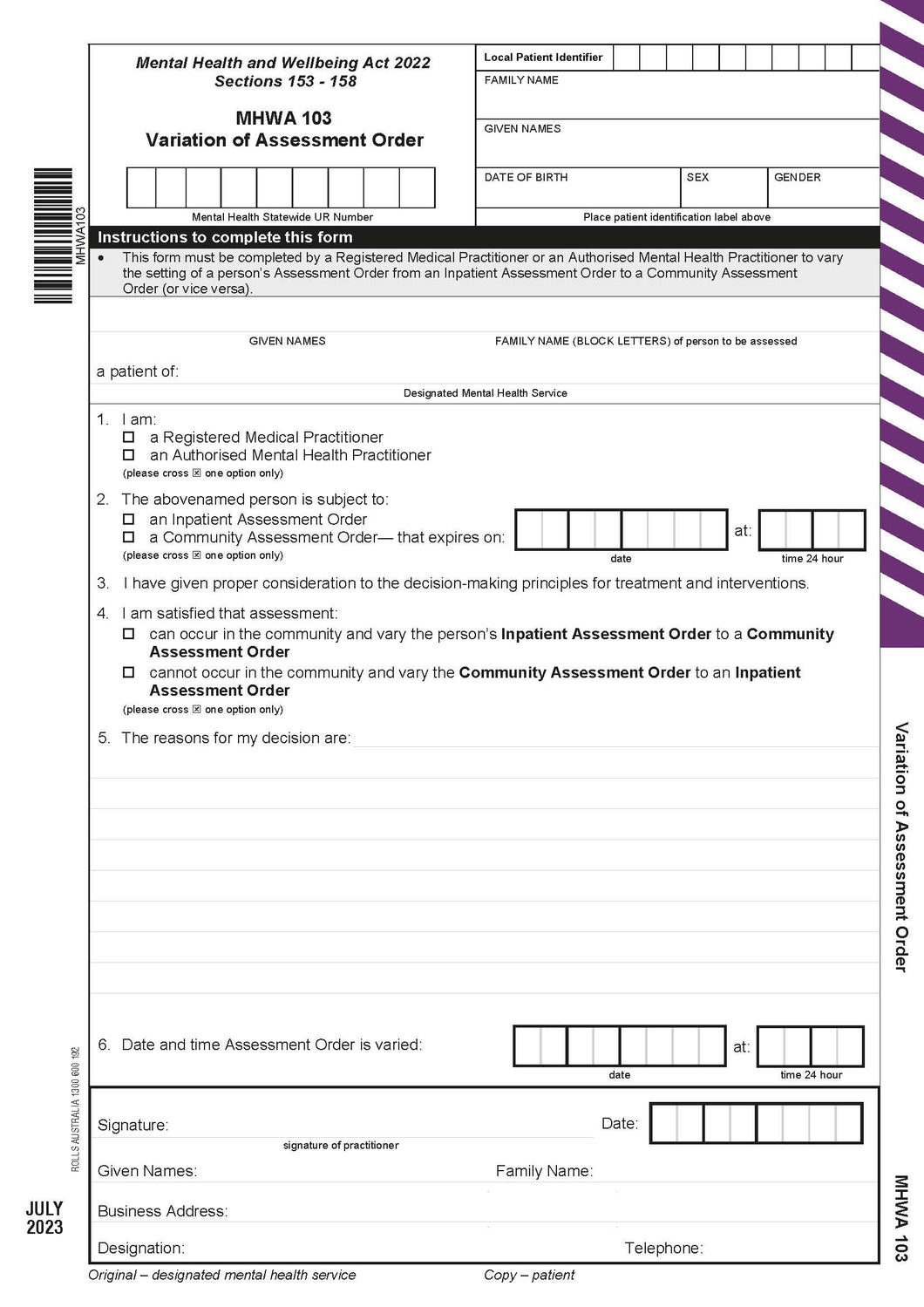 Rolls MHWA103 Variation of Assessment Order 2 part sets