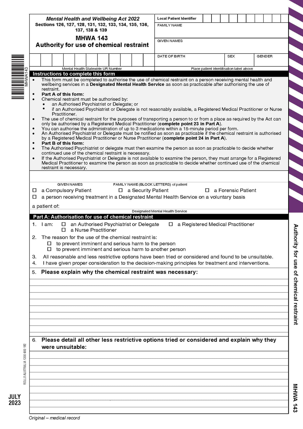 MHWA143 Authority for Chemical Restraint 4 Page NCR