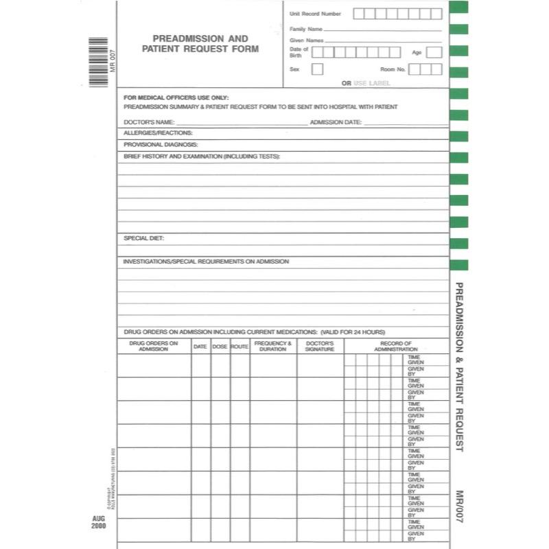 Rolls MR007 Pre-admission and Patient Request pad of 50