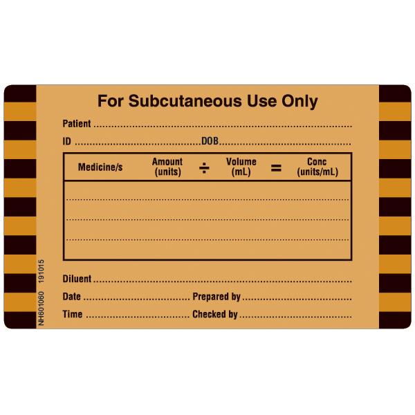 Rolls NH601060 Subcutaneous Use Only Labels LARGE 60 x 100 Roll of 250