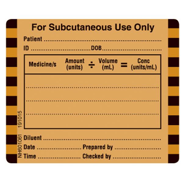 Rolls NH601061 Subcutaneous Use Only Labels 50 x 60 Roll of 250